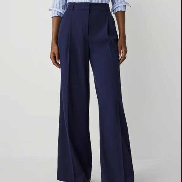 ANN TAYLOR PLEATED WIDE LEG TEXTURE DRAPE NAVY NIGHT SKY BLUE PANTS $129 14 - Picture 4 of 10